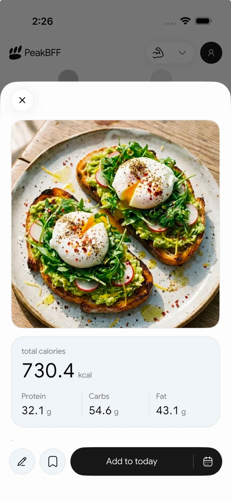 Snap a meal photo to get calories and macros in PeakBFF